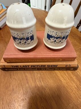 Vintage White Ceramic Salt and Pepper Shakers with Country Geese 1 STOPPER GONE